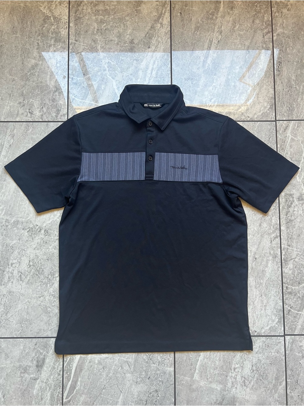 Travis Mathew Men’s Black/Gray Striped Golf Embroidered Polo Shirt Logo Cotton M